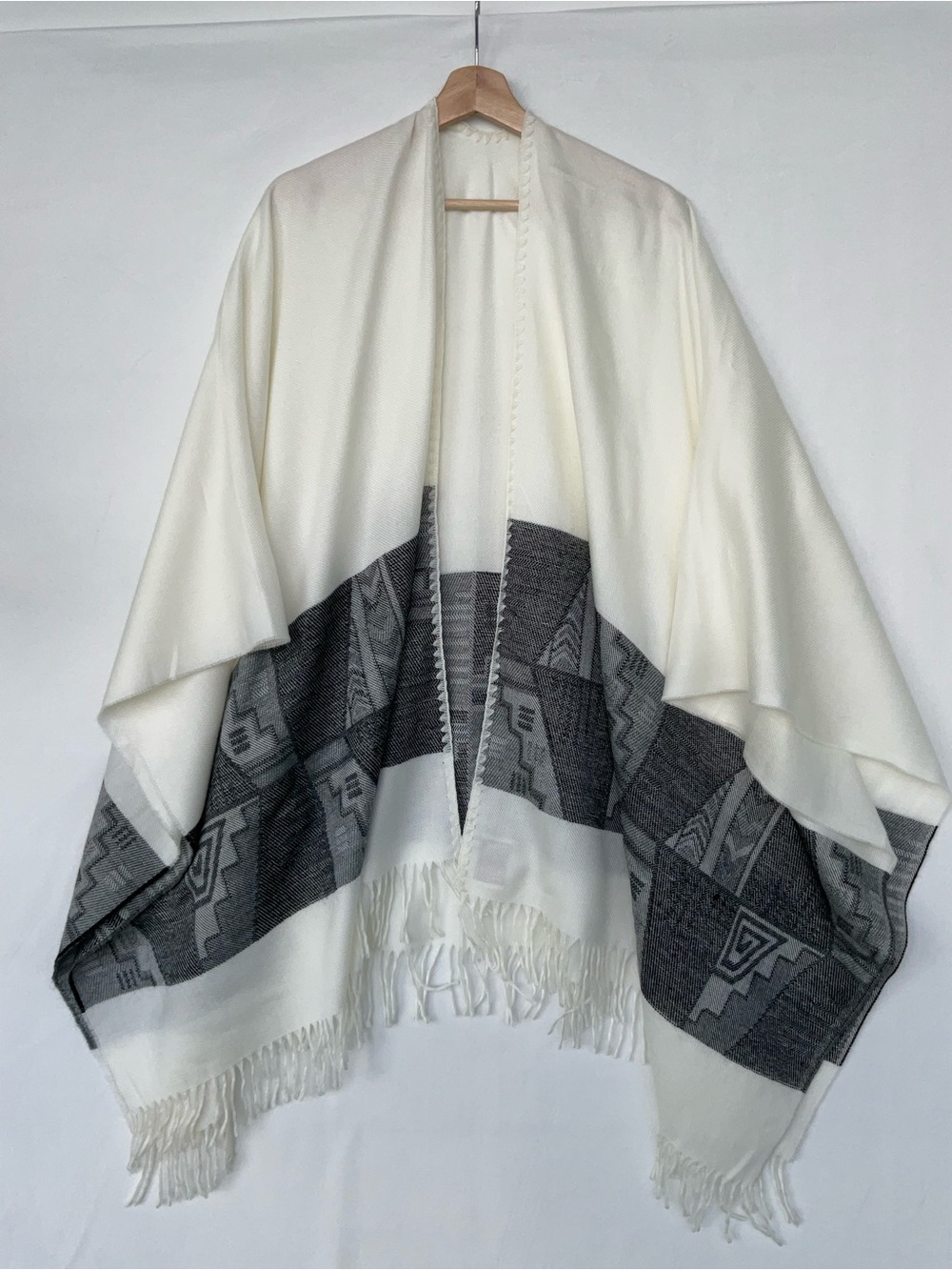 Cream Open-Front Fringe Poncho with Gray Geometric Border